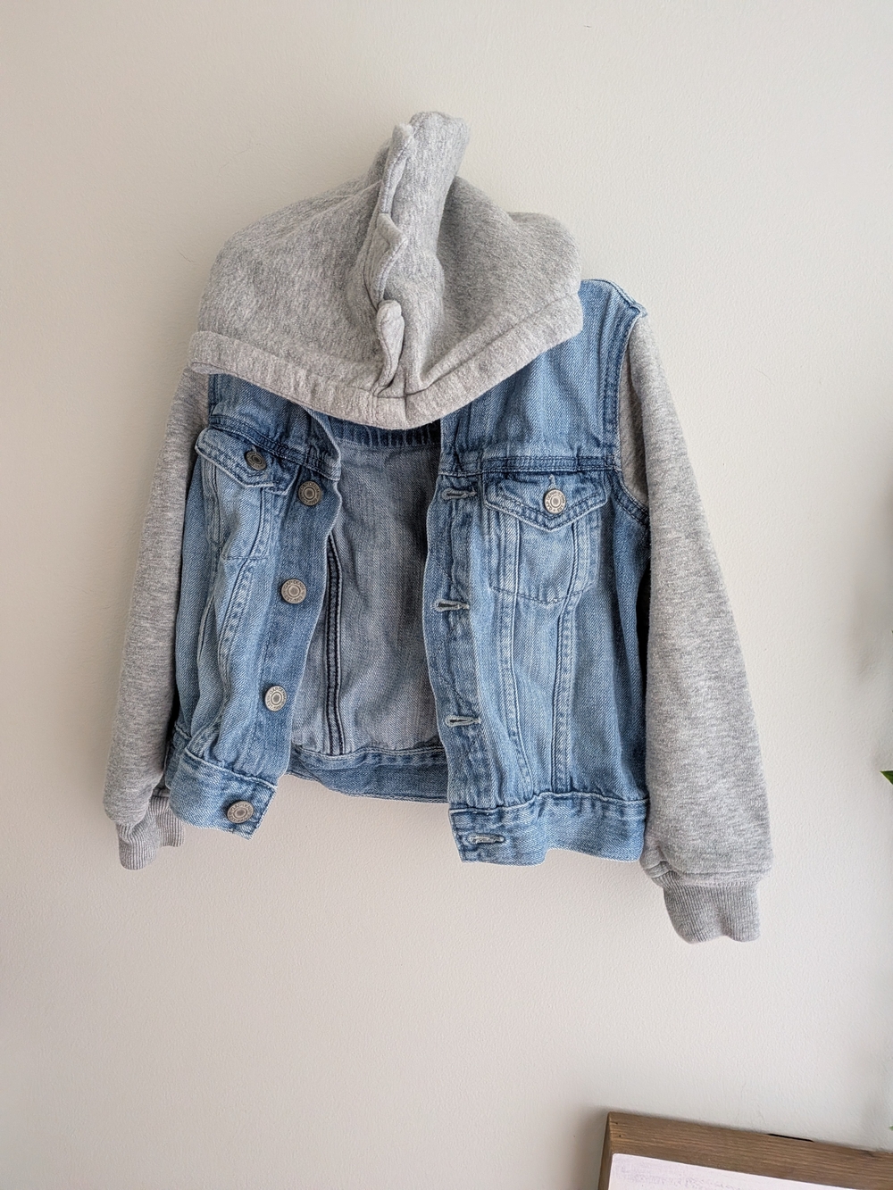 GAP Light Blue Denim Jacket with Gray Hoodie Sleeves